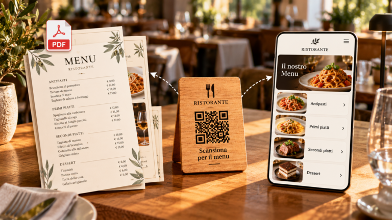 Confronto tra menu PDF e menu su pagina web, collegati a un QR sul tavolo del ristorante