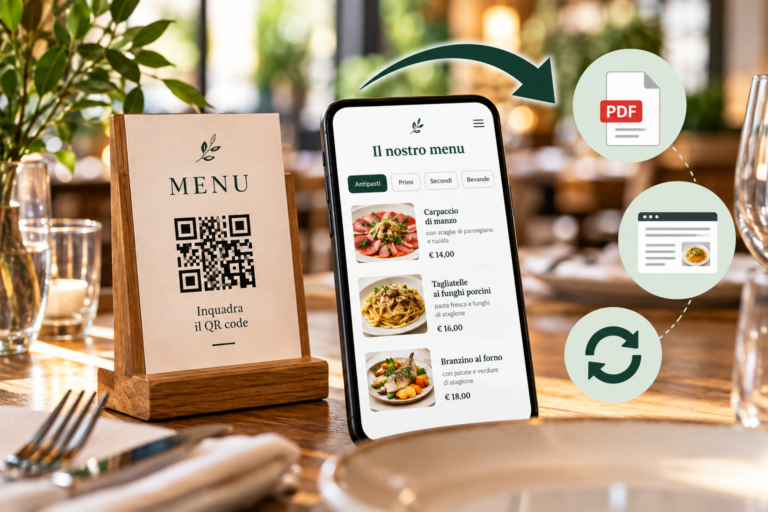 Espositore con QR code su un tavolo di ristorante e smartphone con menu digitale, simboli di aggiornamento PDF e pagina web.