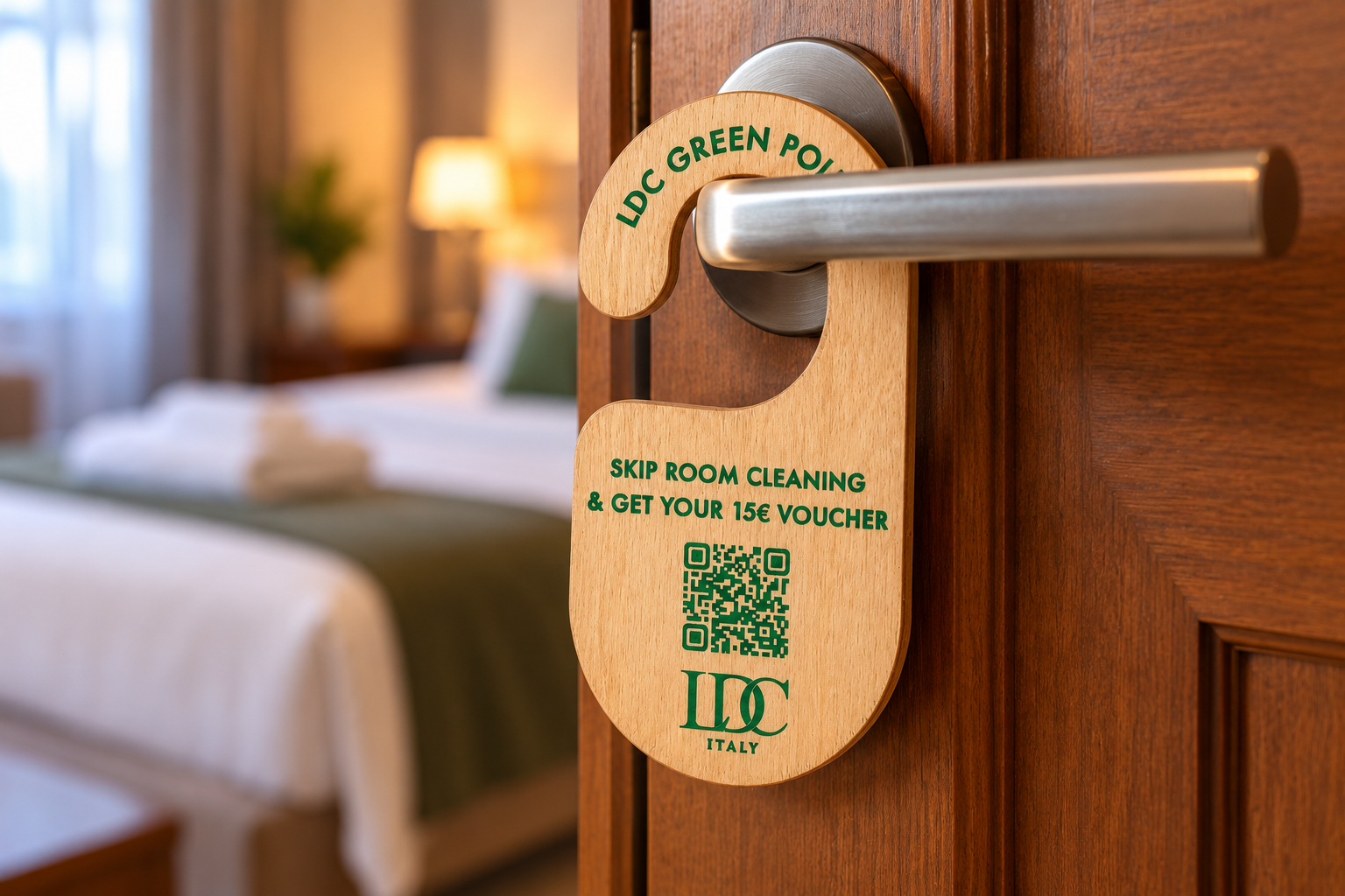 Cartellino in legno con QR code per hotel, realizzato da Pusateri Maker per LDC Green Policy e ambientato sulla porta di una camera.