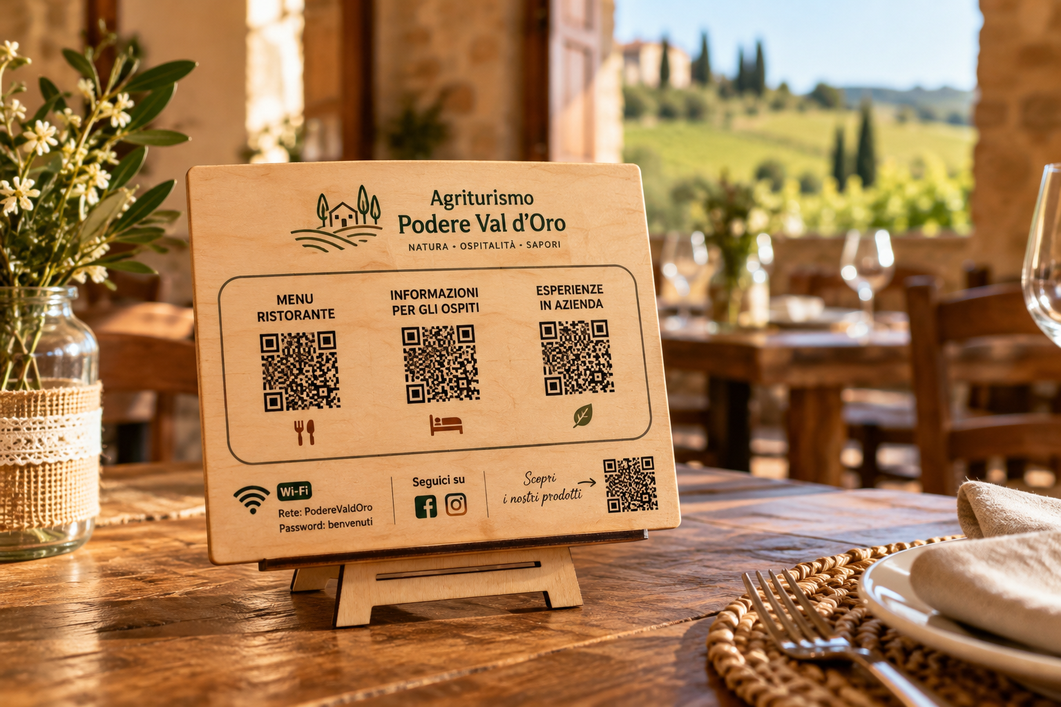 Espositore in legno con QR code per menu, informazioni agli ospiti ed esperienze, ambientato in un agriturismo.