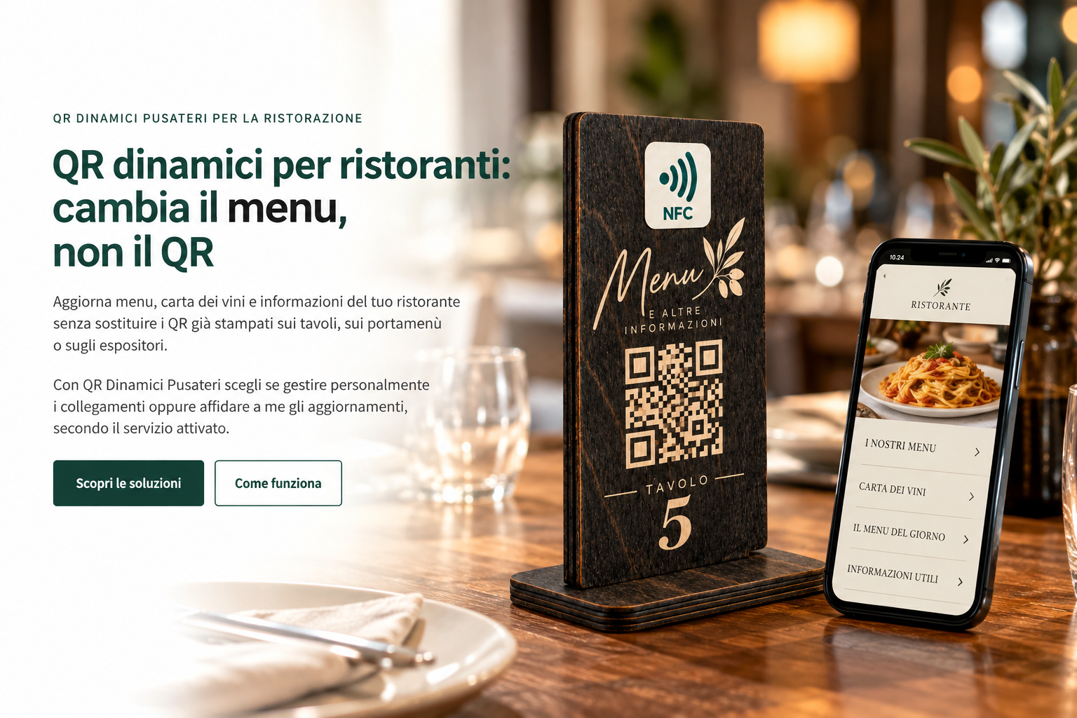 Espositore da tavolo in legno con QR e NFC, affiancato da uno smartphone con menu digitale in un ristorante